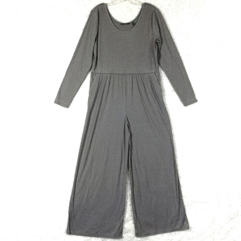 AnyBody Womens Jumpsuit Pebble Gray Ribbed Knit Long Sleeve High Waist M New